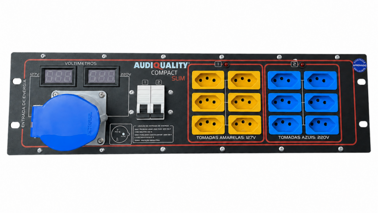 Painel do Main Power Compact Slim sem case AudioQuality com entrada 2P+T 32A e 12 pontos de saída