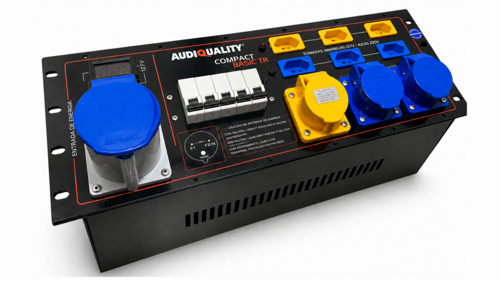 Painel do Main Power Compact Basic TR sem case AudioQuality com entrada 2P+T 32A e saídas em 127V e 220V