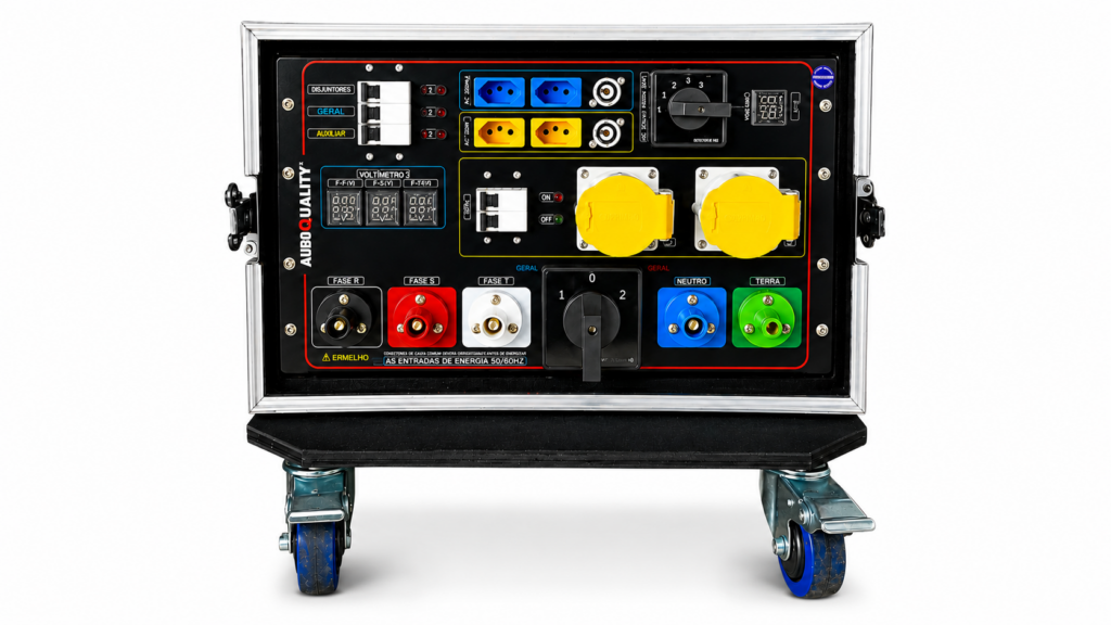 Main Power Compact Supreme com case AudioQuality em vista frontal para distribuição profissional de energia