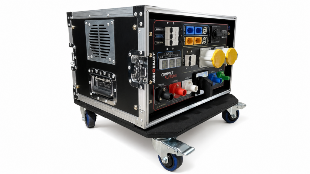 Main Power Compact Supreme com case AudioQuality em perspectiva com conectores e saídas identificadas