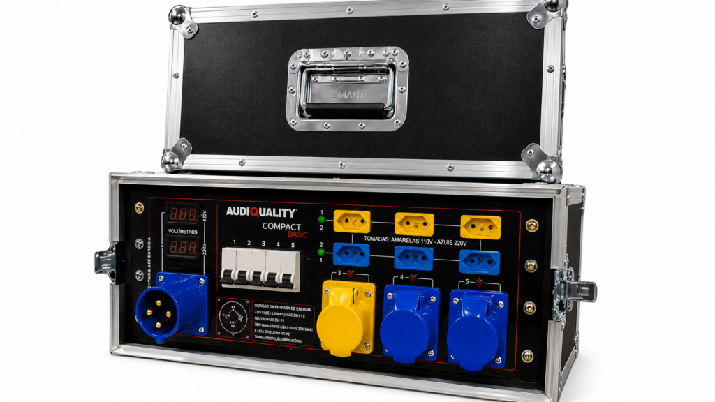 Main Power Compact Basic com case AudioQuality em vista frontal para distribuição profissional de energia