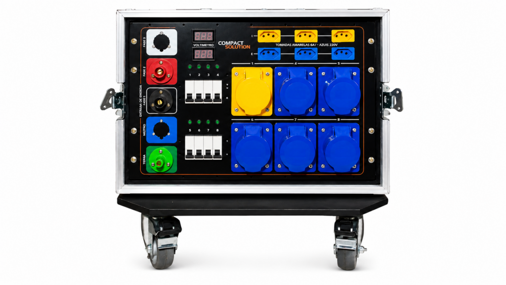 Main Power Compact Solution Max com case AudioQuality em vista frontal para distribuição profissional de energia