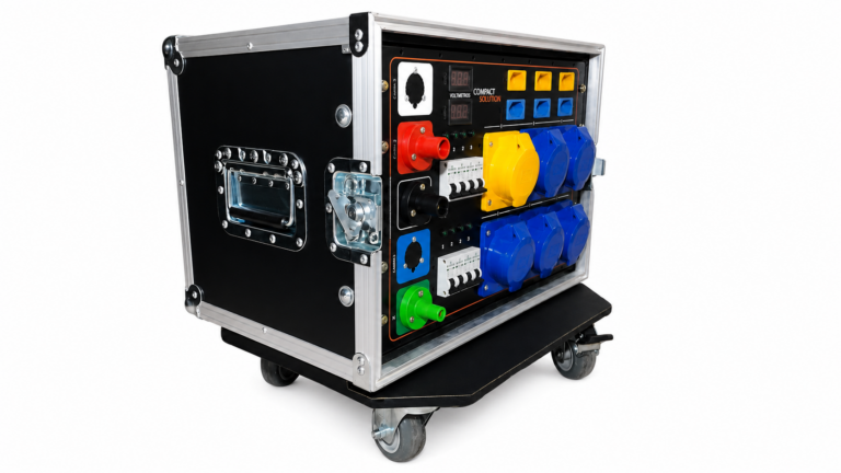 Painel do Main Power Compact Solution Max com case AudioQuality com conectores Camlock e saídas em 127V e 220V