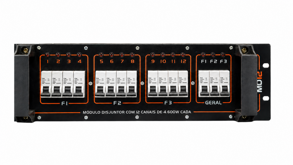 Módulo Disjuntor MD-12 AudioQuality em vista frontal com 12 canais independentes