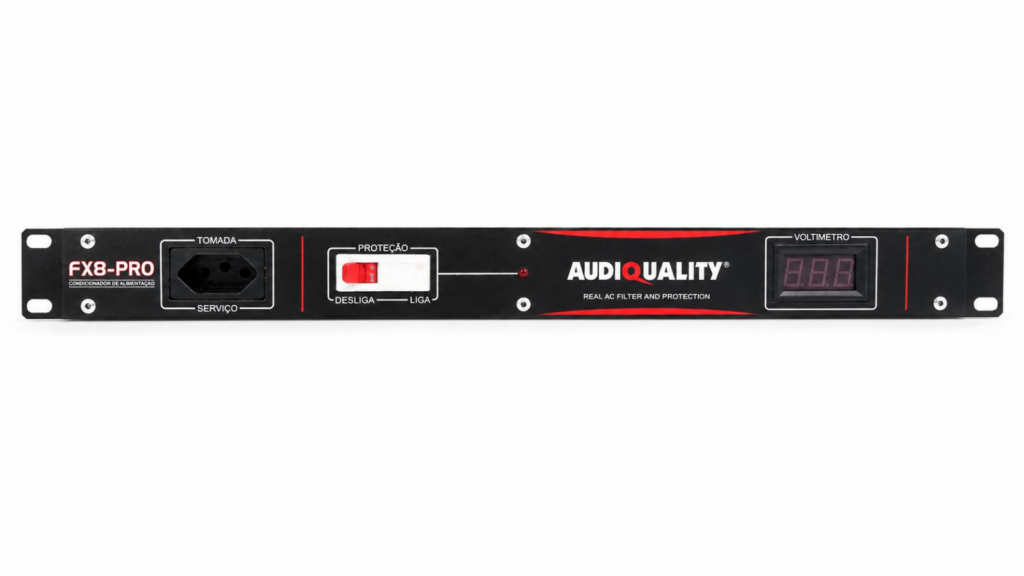 Condicionador rack FX8-PRO AudioQuality em perspectiva mostrando painel frontal e estrutura 1U