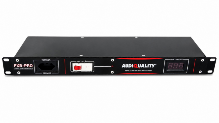 Condicionador rack FX8-PRO AudioQuality em perspectiva mostrando painel frontal e estrutura 1U