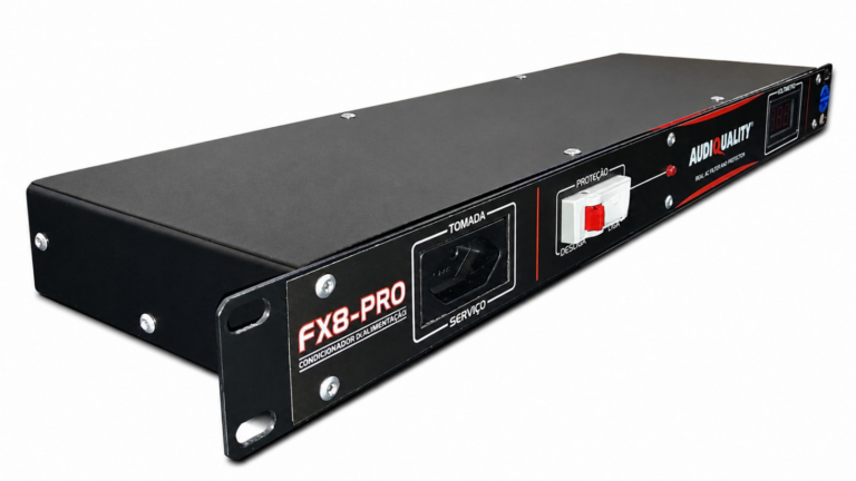 Condicionador rack FX8-PRO AudioQuality em perspectiva mostrando painel frontal e estrutura 1U