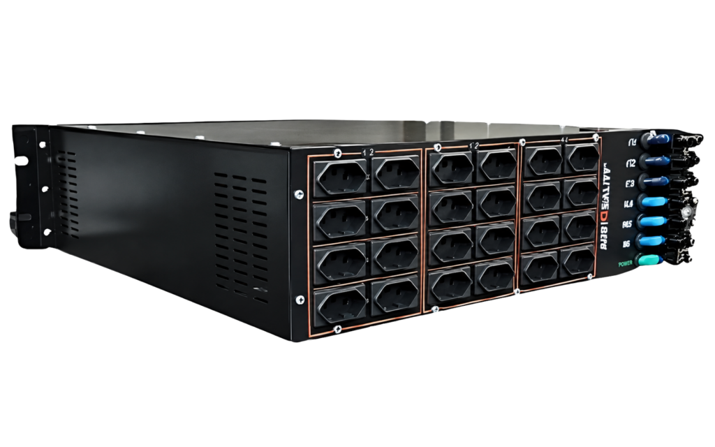 Parte traseira do Módulo Disjuntor MD-12 AudioQuality com 24 tomadas NBR de 20A