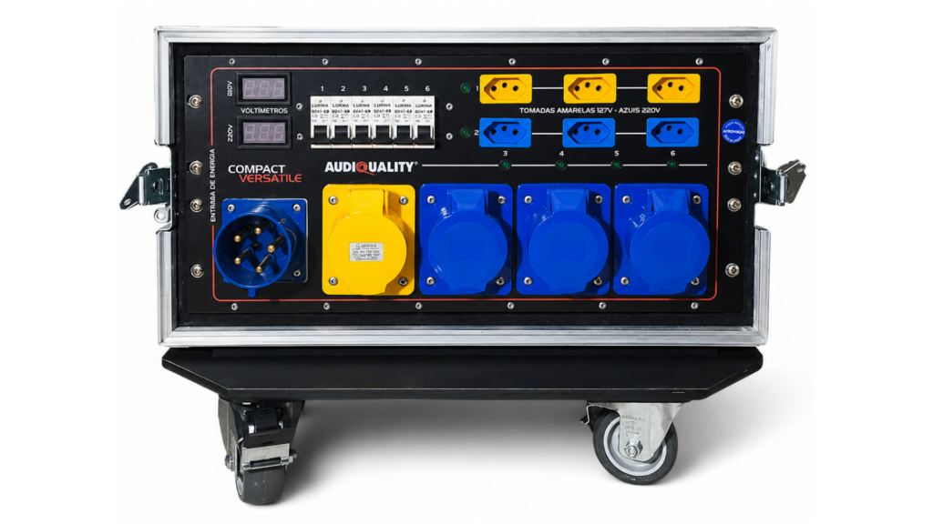 Main Power Compact Versatile Max com case AudioQuality em vista frontal para distribuição profissional de energia