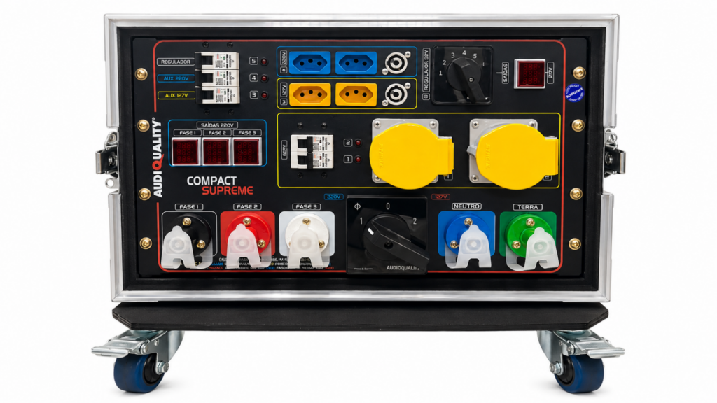 Main Power Compact Supreme com case AudioQuality em vista frontal para distribuição profissional de energia