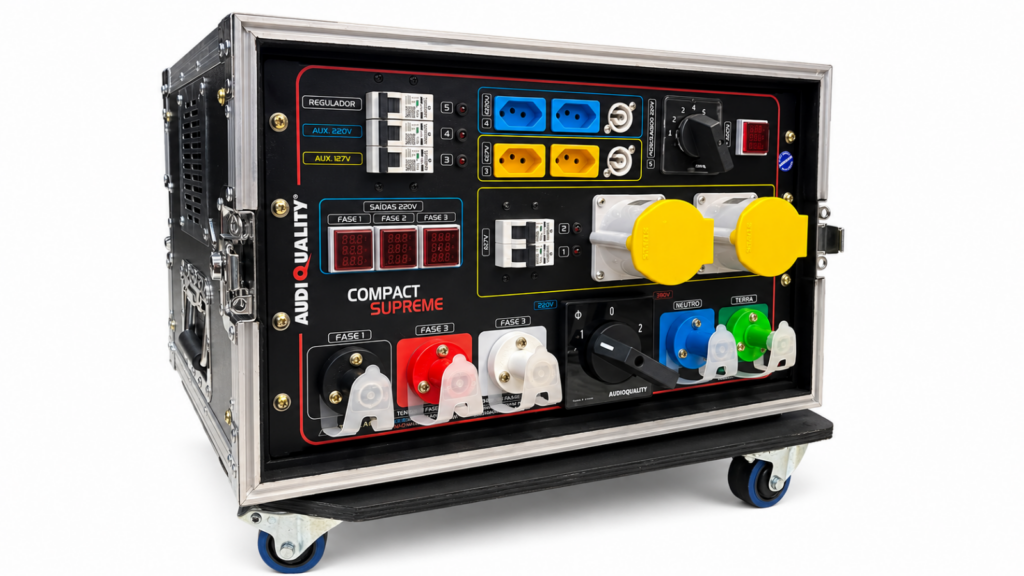 Main Power Compact Supreme com case AudioQuality em perspectiva com conectores e saídas identificadas
