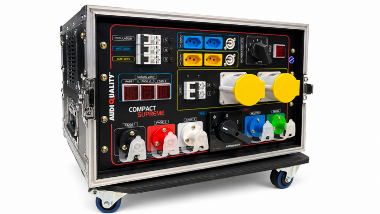 Main Power Compact Supreme com case AudioQuality em perspectiva com conectores e saídas identificadas